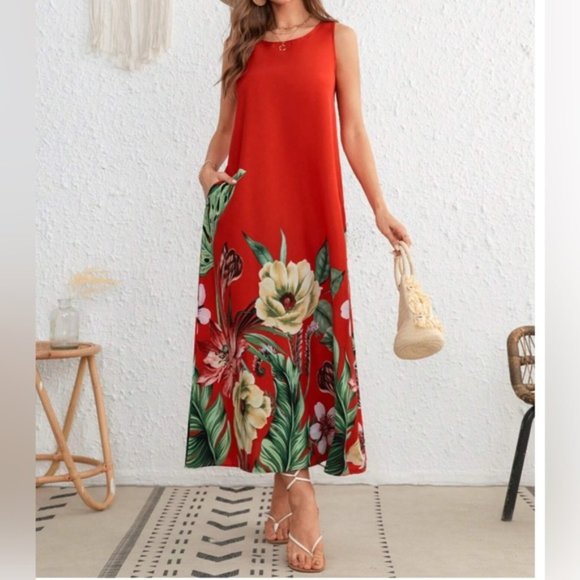 Red Tropical Print Tunic Dress - Picture 1 of 6